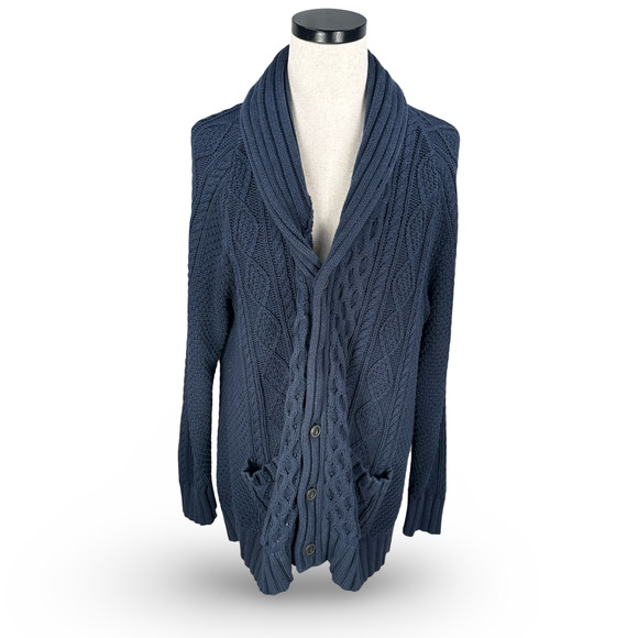 LL Bean Signature Fisherman Cardigan Shawl Collar Sweater Mens XL Navy Blue Long - Picture 1 of 10